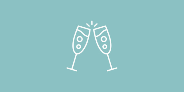 simple graphic of two champagne glasses clinking together; white line drawing on a blue background